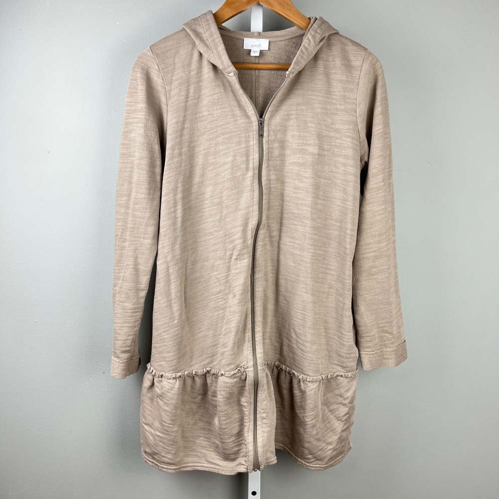 J. Jill Pure Jill Hoodie Tunic Jacket Womens S Tan Taupe Zip Up Ruffle Hem - Picture 2 of 6